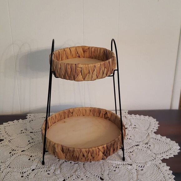 Unique Lightweight Round Wooden Woven 2 Tier Shelf with Metal Frame - Picture 1 of 9